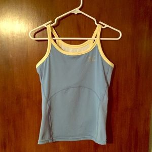 Mizuno med blue/ yellow running shirt with pocket.